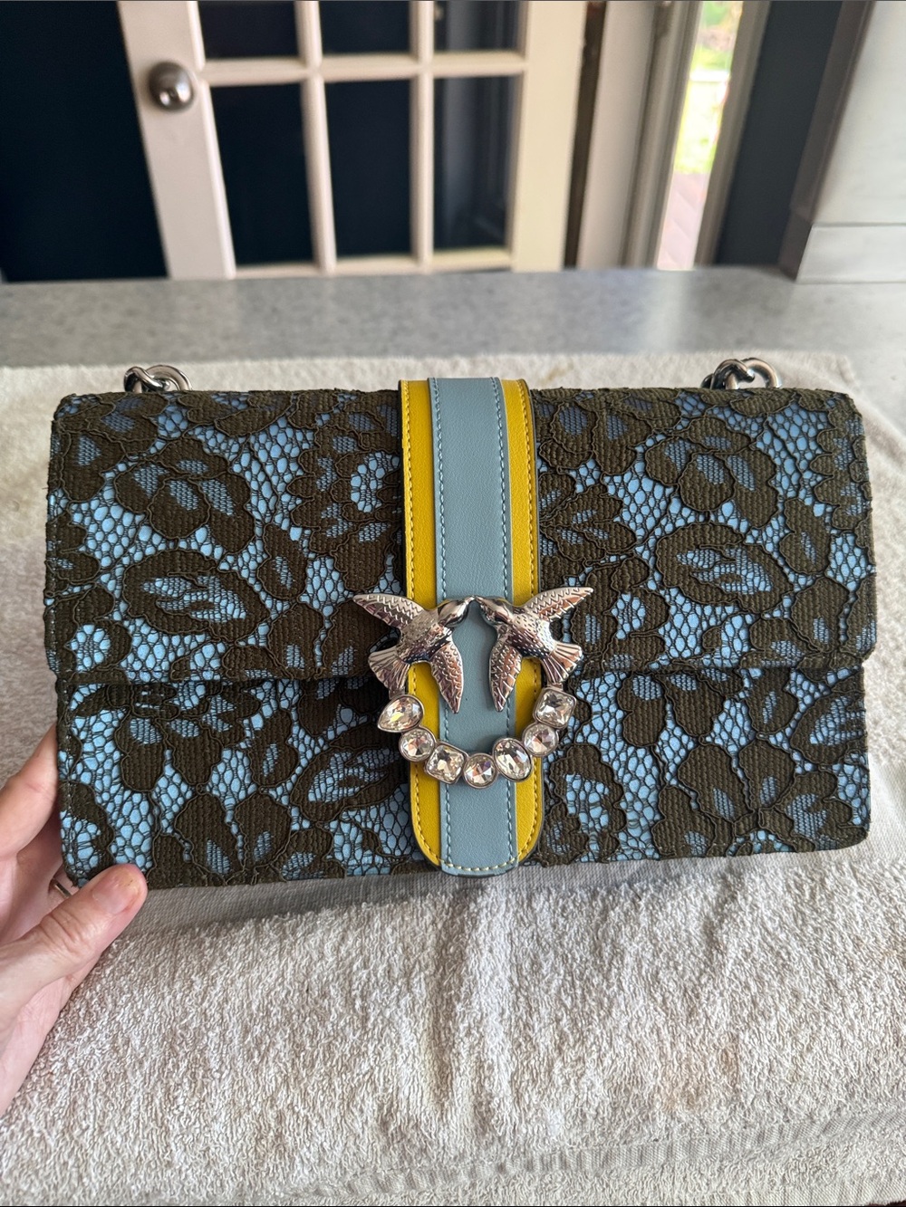 Pinko shoulder bag with brown an blue lace